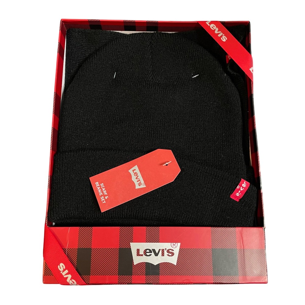 Levis Mens Scarf and Beanie Setβ Black Knit Winter Gift Box OS NEW